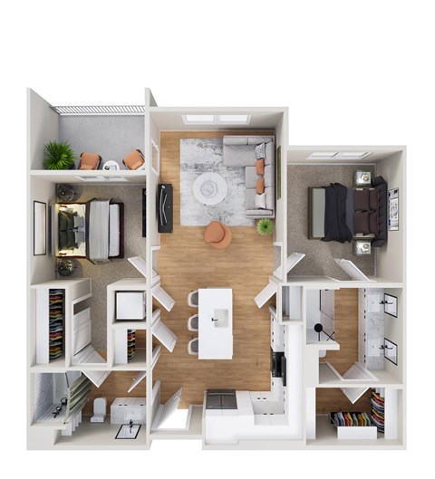 A top-down view of a small apartment with a kitchen, living room, and bedroom.